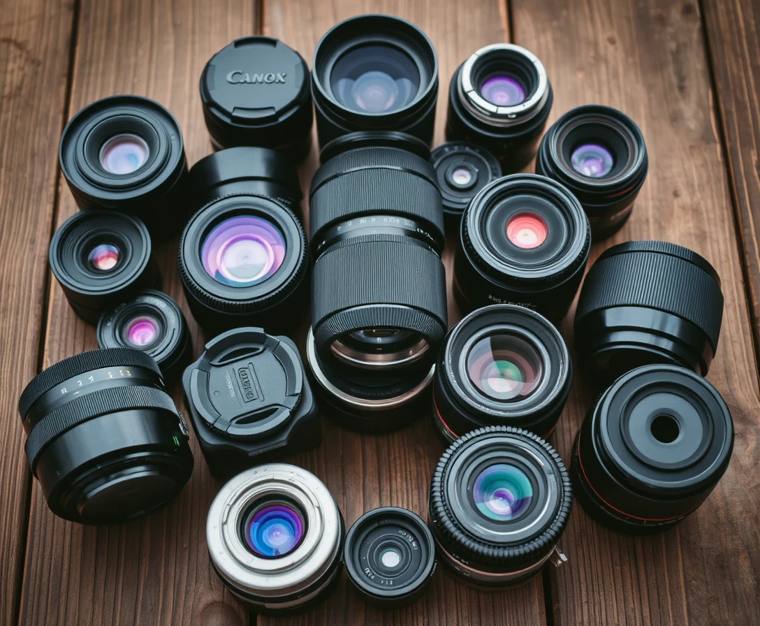 Various camera lenses on a wooden table