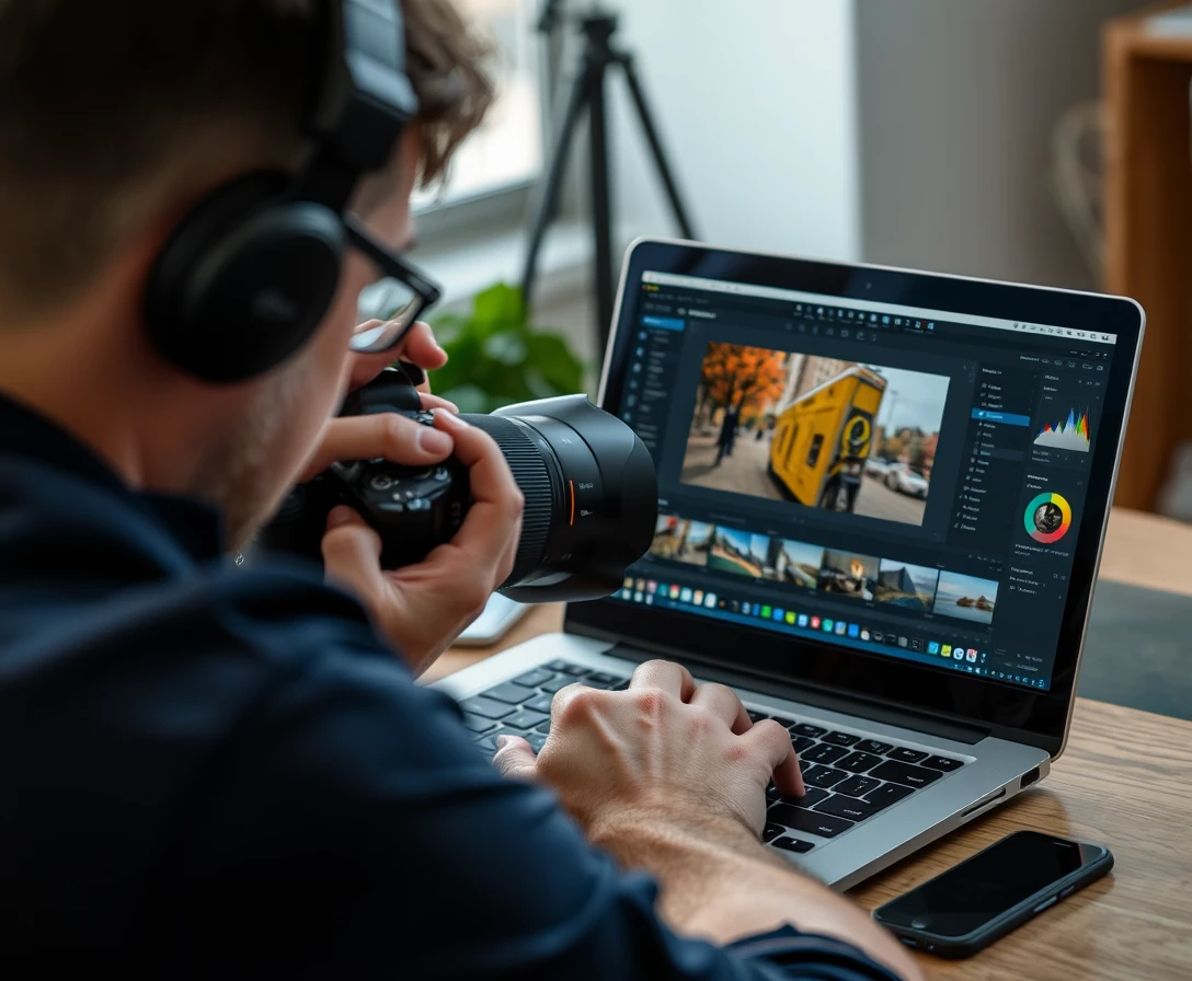 Photographer editing photos on a laptop