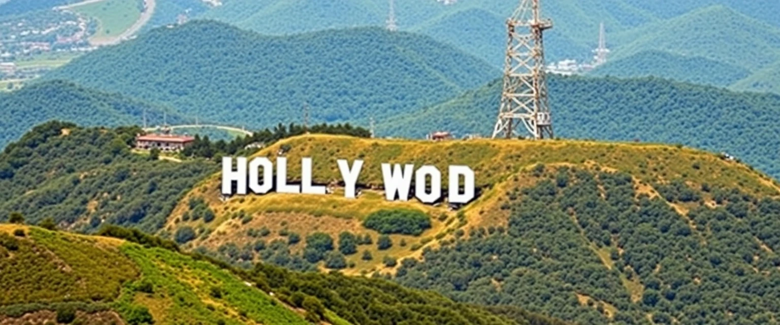 Hollywood sign viewed from behind, lush green hills