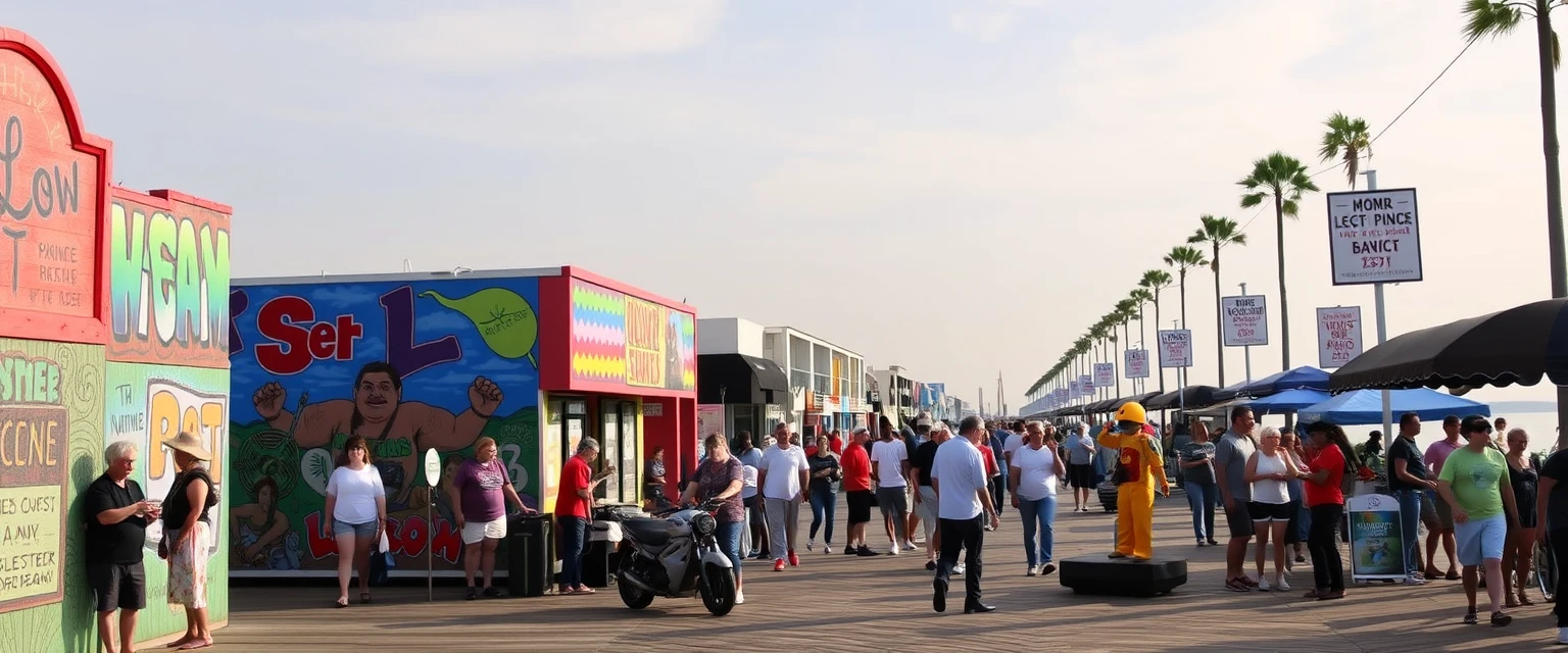 Venice Beach boardwalk, colorful murals and street performers