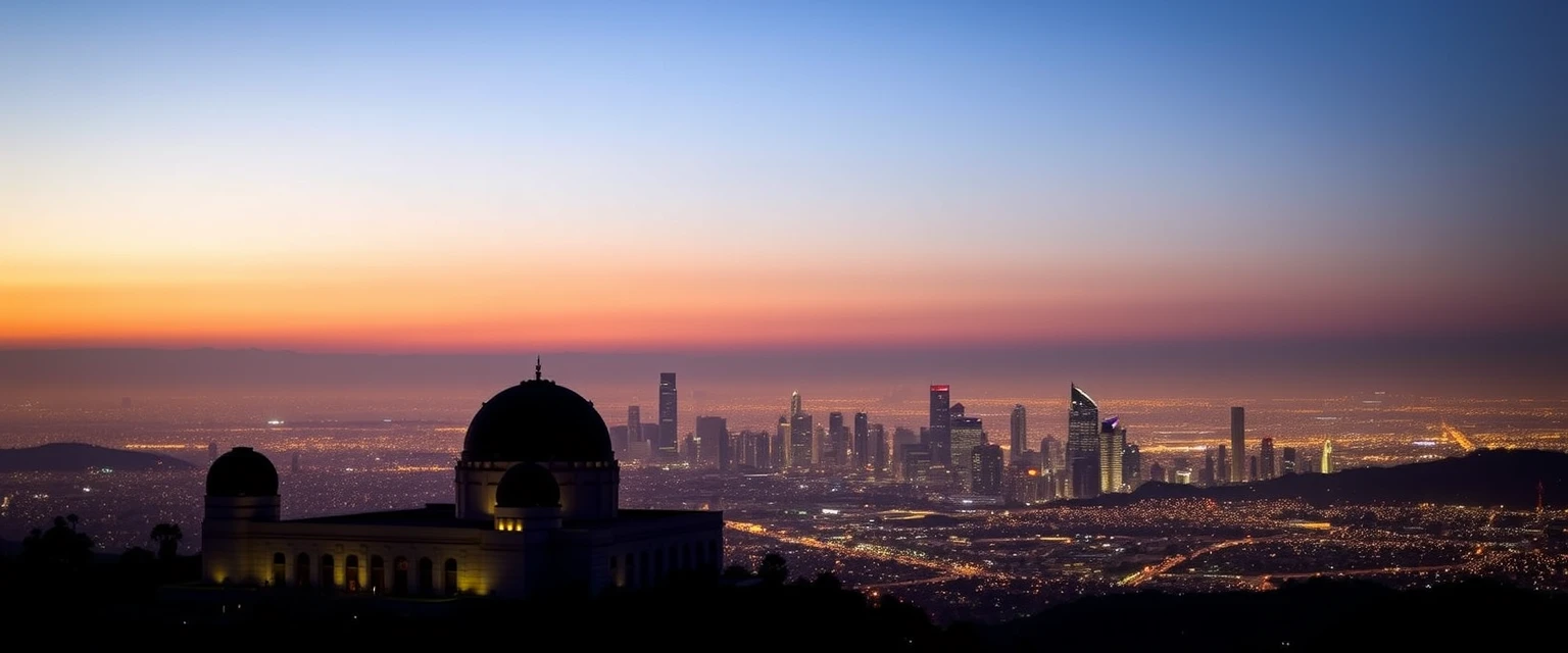Griffith Observatory at dusk, city lights sprawling below